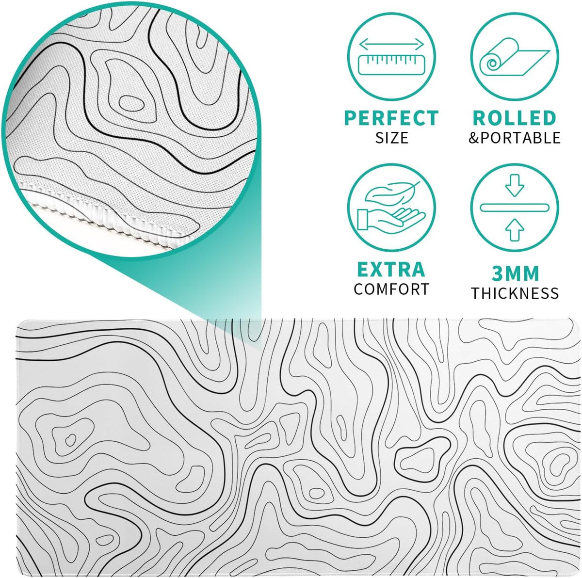 Topographic Contour White Gaming Mouse Pad XL Geographic Map Lines Extended Big Large Desk Mat Non-Slip Rubber Base Stitched Edge Long Keyboard Mousepad for PC Computer Laptop,31.5x11.8 Inch