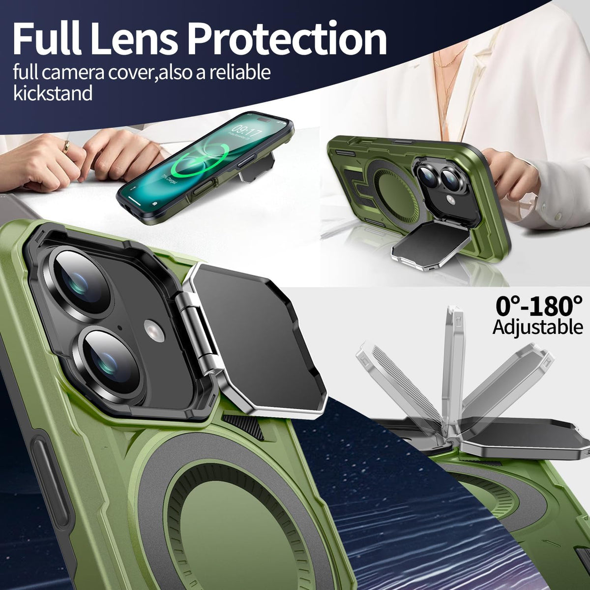 Camera Stand Case for iPhone 16, [Compatible with Mag Safe] [Lens Cover] 2024 Version Military Grade Protective Soft Case for iPhone 16 6.1 inch Men Women, Green