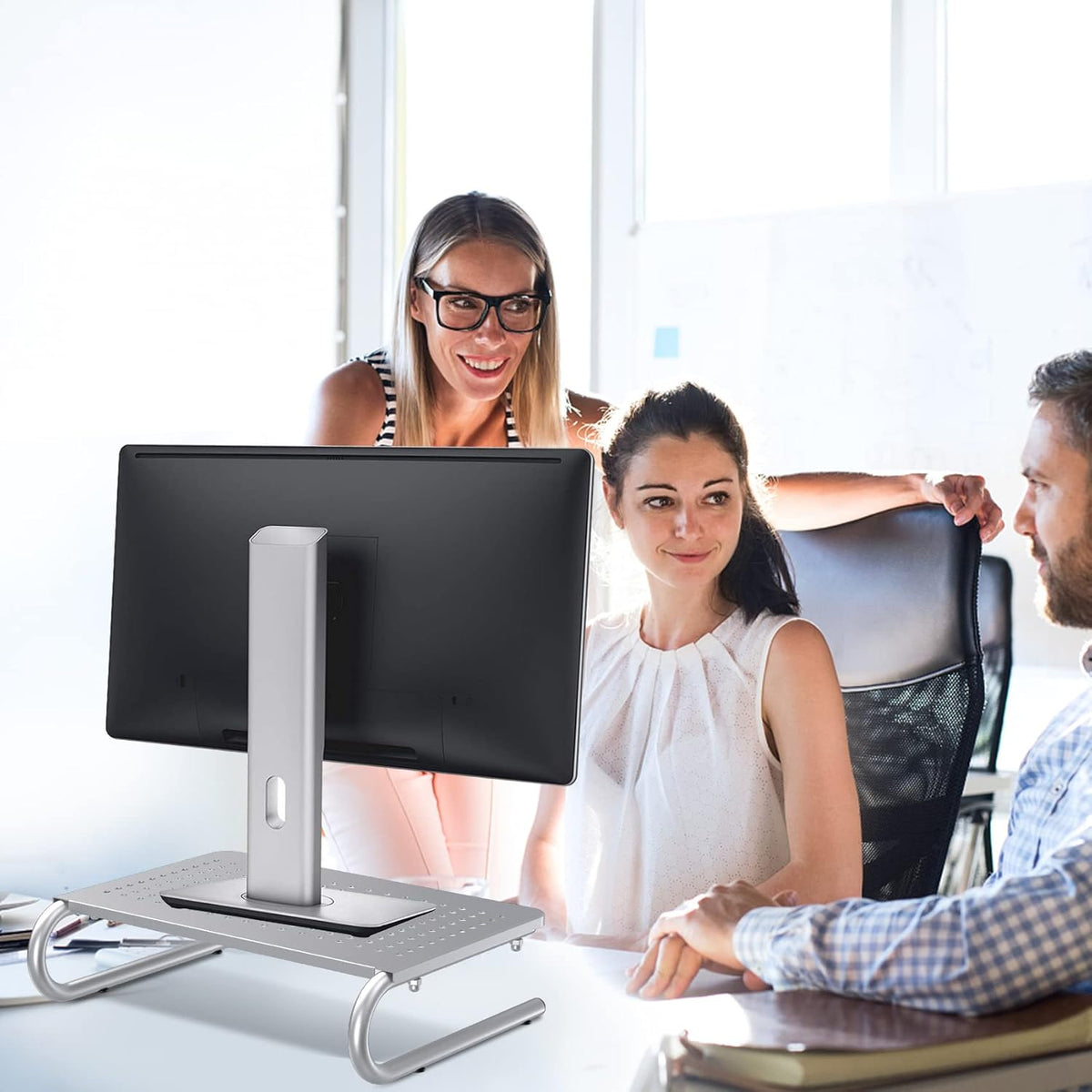 suptek Monitor Stand Riser, Laptop Holder Printer Riser Desk Accessories, Vented Metal Platform and 4 inches Height Underneath Storage for Office Supplies (MST004S-2), 2 Pack, Silver