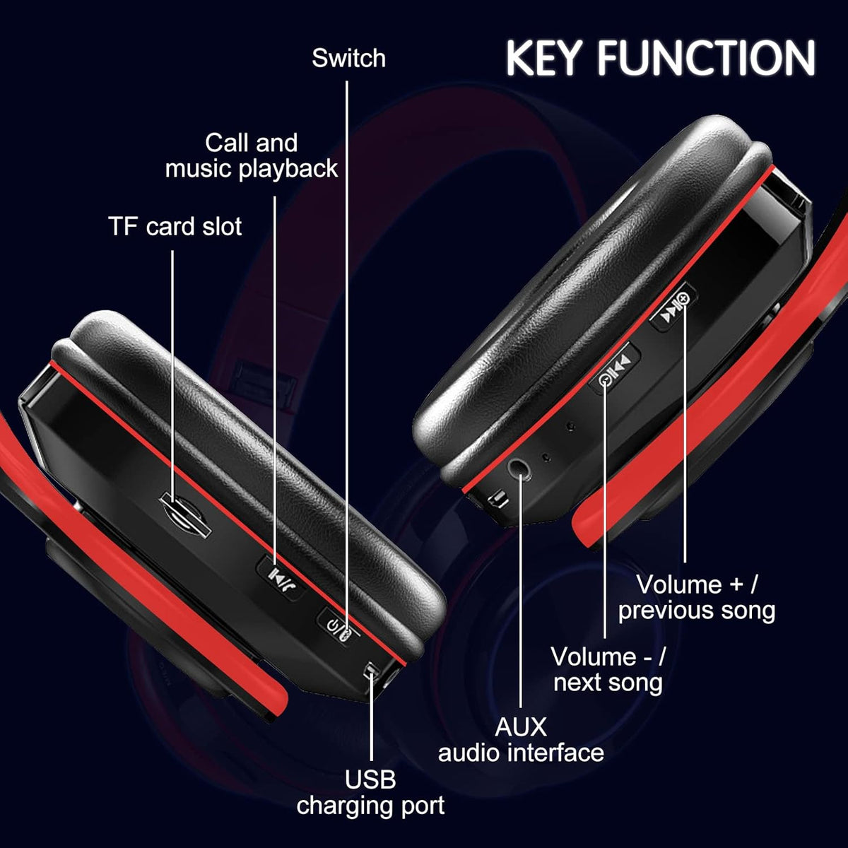 Bluetooth Over Ear Headphones with Deep Bass, LED Foldable Stereo, Wired and Wireless Headset for Smart Phone/TV/PC