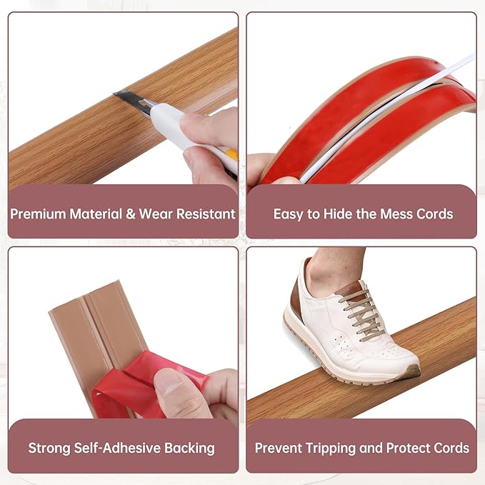 Floor Cord Cover Self Adhesive Cord Hider Floor Extension Cord Covers for Floor Power Cord Protector Cable Management Prevent Cable Trips Cable Cavity 0.47" W x 0.27" H (Light Brown Wood, 3.3Ft)