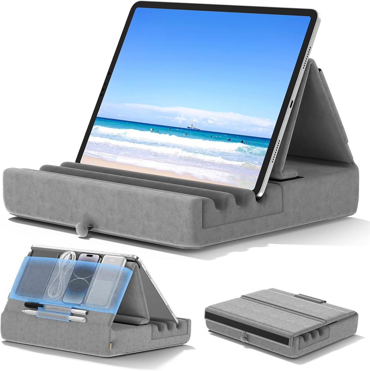 KDD Tablet Pillow Holder, Foldable iPad Stand for Lap, Bed and Desk -Tablet Soft Pad Dock with Pocket & Stylus Mount Compatible with iPad Pro 12.9, 10.5, 9.7 Air Mini 6 5 4 3, Galaxy Tab, E-Reader