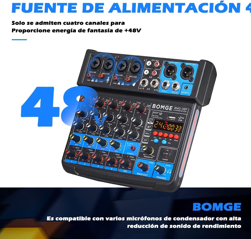 BOMGE 6 Channel mini DJ Audio sound mixer console with USB interface, Bluetooth, Stereo Recording, 48V Phantom Power, 24 DSP effects for karaoke, singing, live，streaming，pc recroding. (white)