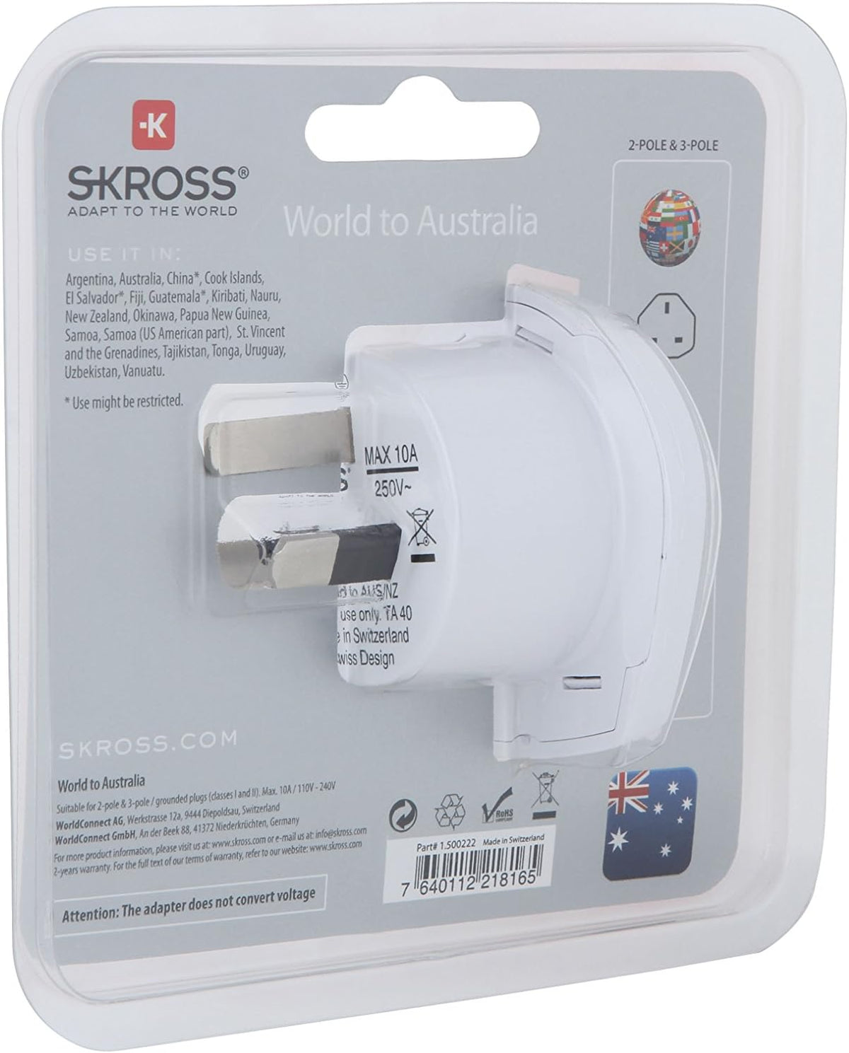 Skross Travel Adaptor for World to Australia/China, White