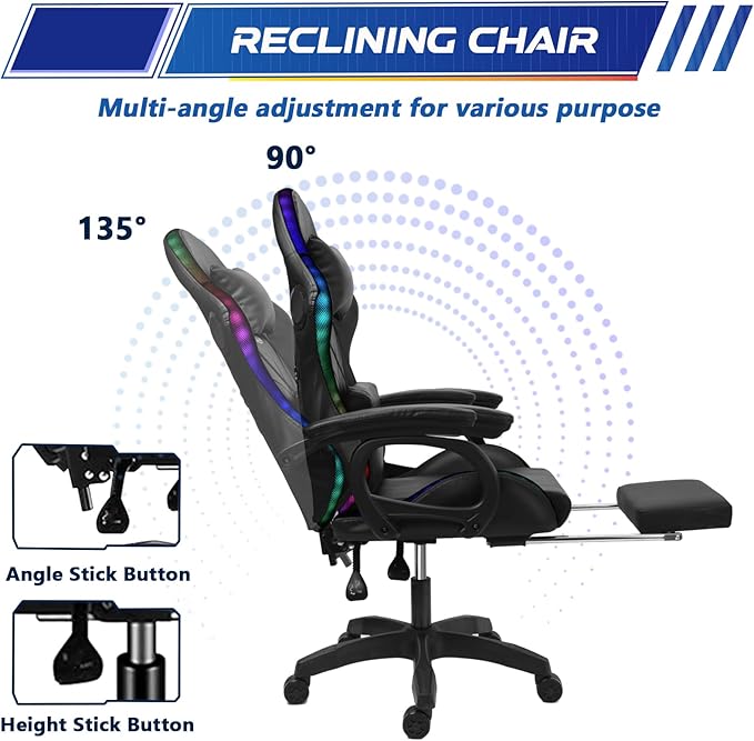 RGB Gaming Chair with Massage and Footrest Large Ergonomic Computer Desk Chair Video Gaming Chair with Speakers and Lumbar Support Height &amp Angles Adjustable Reclining Gamer ChairPink