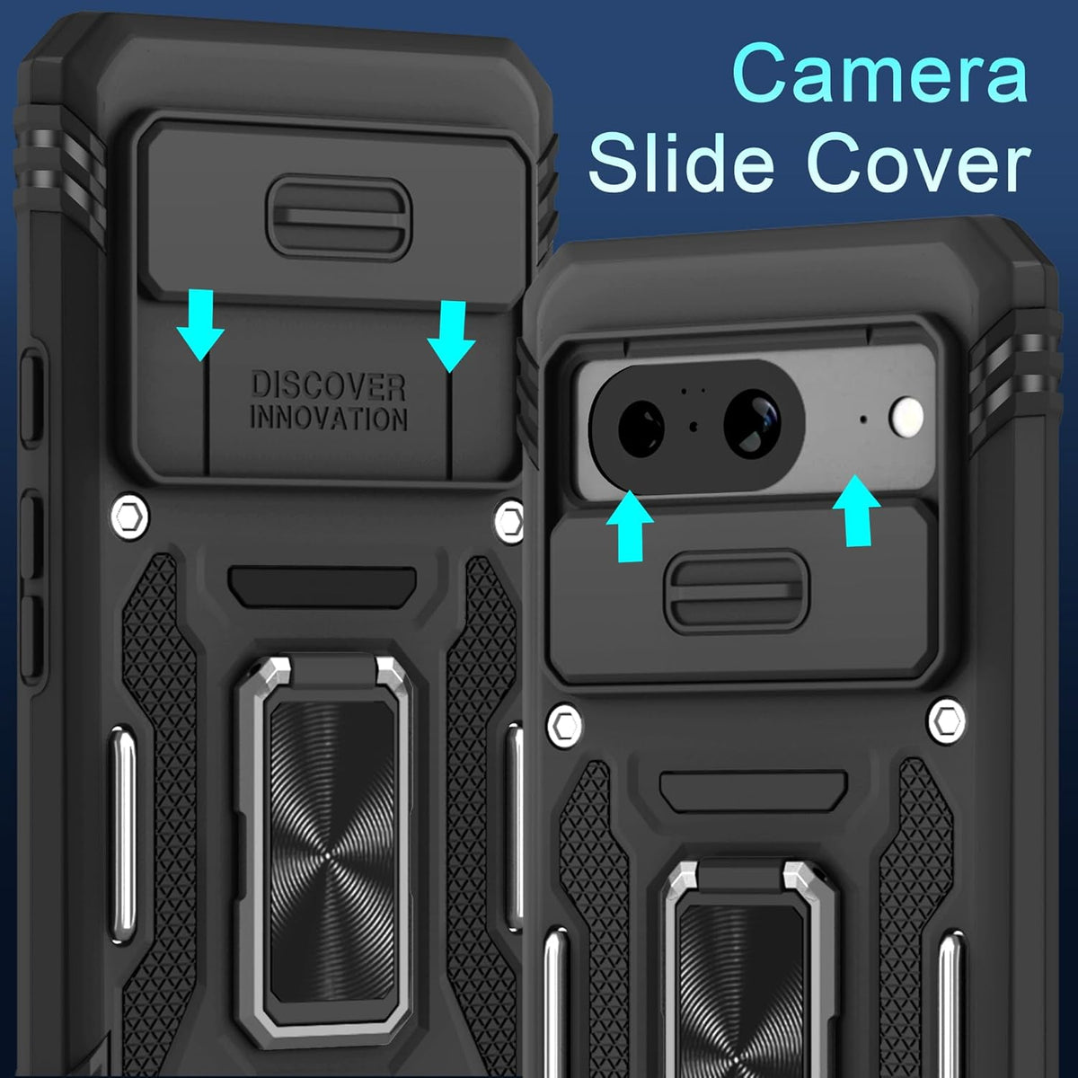DEERLAMN Google Pixel 8 Case - Heavy Duty Black with Slide Camera Cover, Screen Protector & Rotated Ring Kickstand.