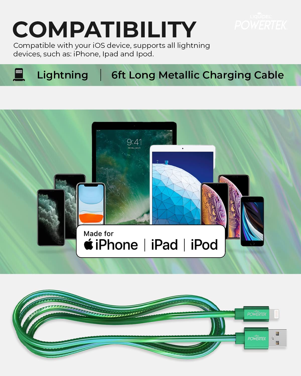 LIQUIPEL Powertek 6 ft iPhone Charger Cable, Fast Charging Lightning to USB Cord Adapter, MFI Certified (Green)