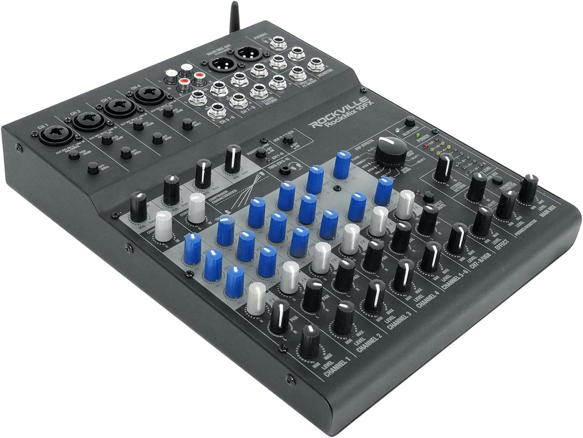 Rockville ROCKMIX 10FX 10-Channel Mixer, USB Recording Interface, Digital Effects, 3-Band EQ, Phantom Power, Bluetooth 5.0, for Home Studio, Podcast, and Live Performance