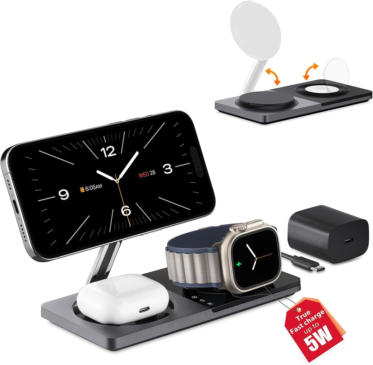 3 in 1 Wireless Charging Station for Apple Device: Fast Charging Station for iPhone and Watch with MagSafe, Foldable Charger Stand for iPhone 12-16 & iPhone 16 & iWatch & AirPods