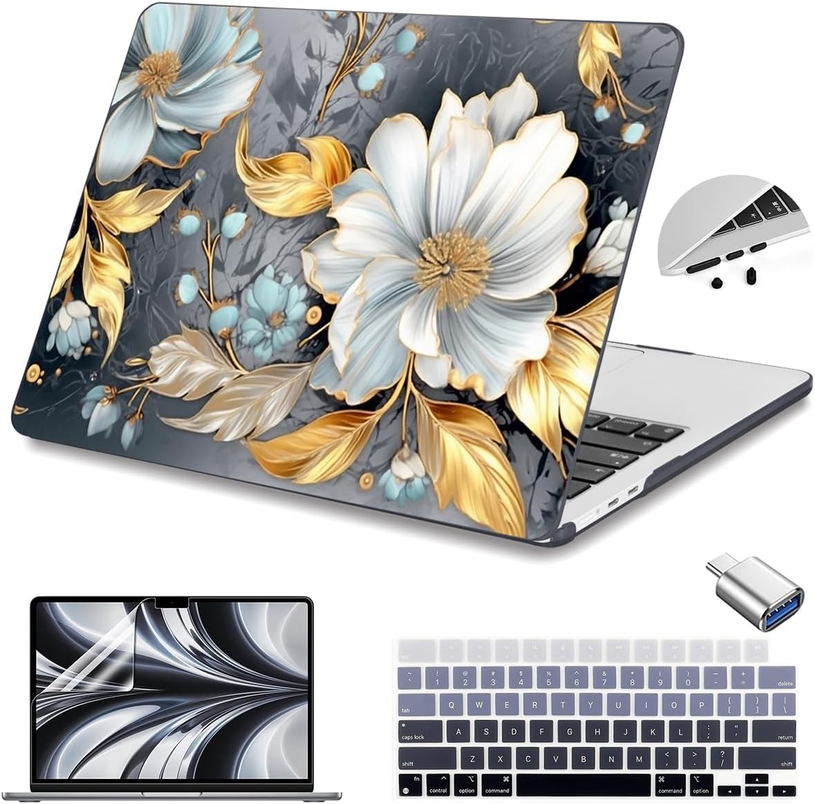 Teryeefi Compatible for 2022-2025 MacBook Air 13.6 inch Case M4 A3240/M3 A3113/ M2 A2681, Flowers Hard Shell Case&Keyboard Cover&Type C Adapter for MacBook Air M3 M2 with Touch ID, Modern Abstract Art