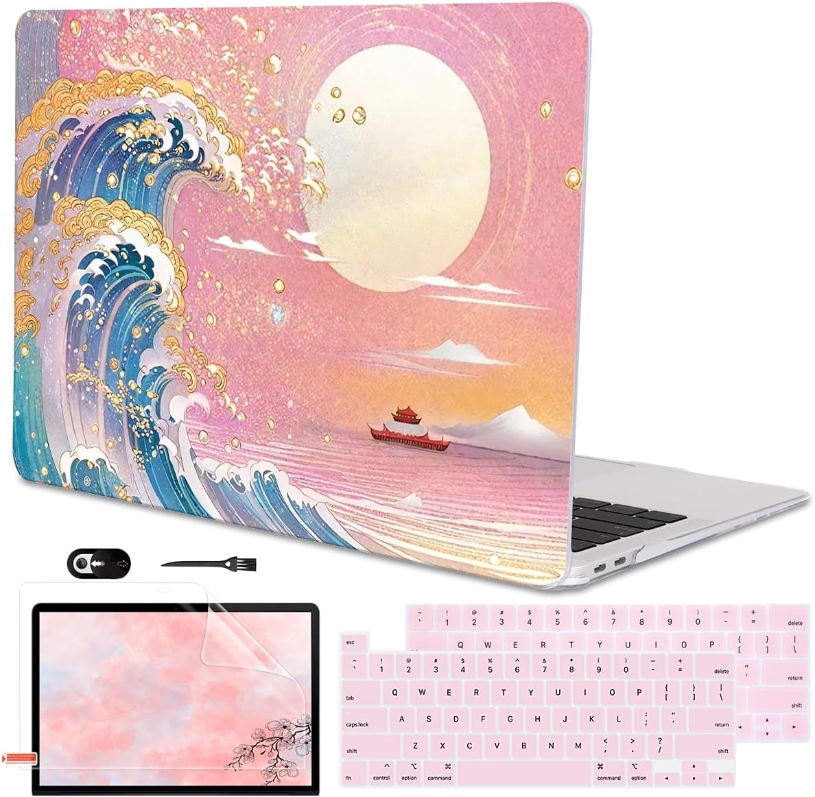 for MacBook Pro 13-inch Case 2022 2021 2020-2016 Release M2 M1 Chip A2338 A2251 A2289 A2159 A1989 A1706, Pattern Plastic Hard Shell Keyboard Cover Screen Film Webcam Cover, Sunset Glow Waves