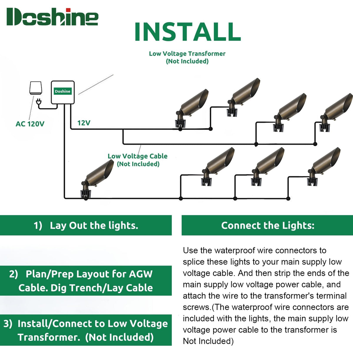 DOSHINE® Solid Brass Landscape LED Spotlights Outdoor Low Voltage Landscape Lighting AC/DC 12V Uplight Accent Light for Tree Garden Yard