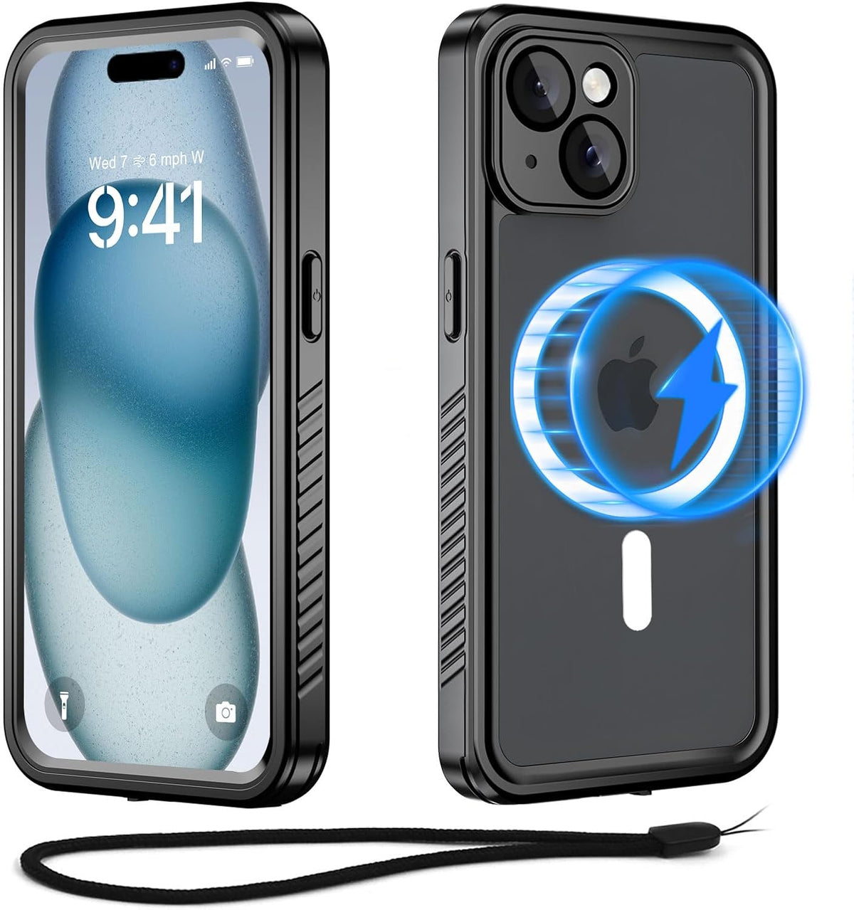 iPhone 15 Magnetic Case Waterproof with Built-in Screen Protector, Heavy Duty Dustproof Full Body Cover, Black 6.1 Inch