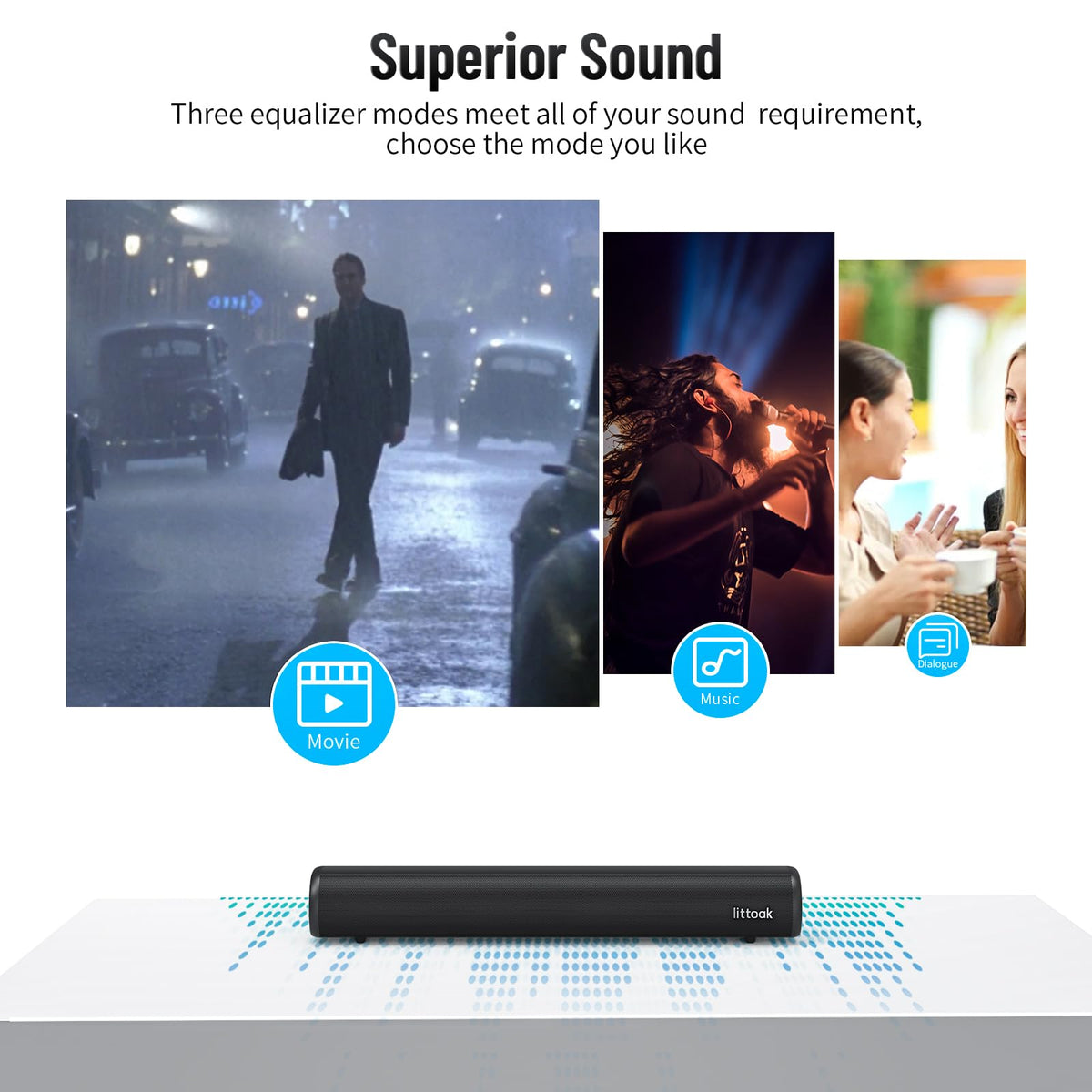 LITTOAK Sound Bar for TV, BT 5.0 Soundbar, 50 Watt 16 Inch Soundbars for Home Audio, Gaming, Projectors, TV Speakers Supports HDMI