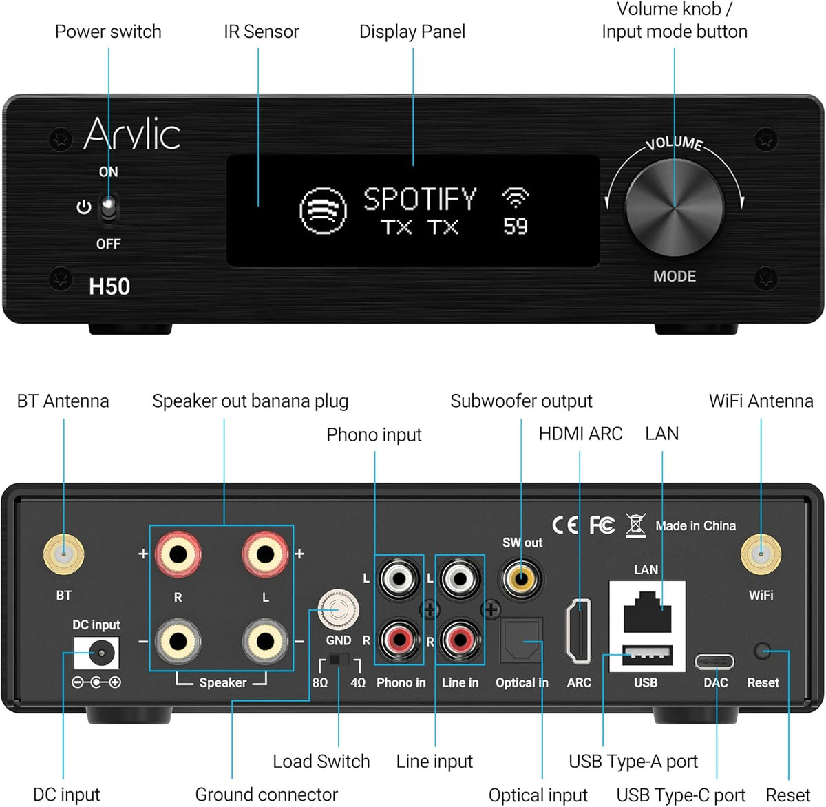 Arylic H50 Hi-Fi 50W*2 WiFi Audio Amplifier with Bluetooth aptX HD, HDMI ARC, AirPlay 2 and Spotify Streaming for Wireless Home Music. Support for transmitting and Receiving Music