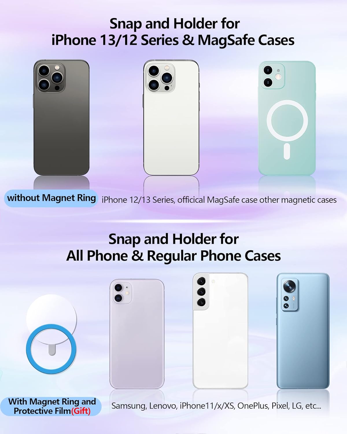 Magnetic Phone Grip (MagGo), Removable Phone Holder Stand, Adjustable Finger Ring Grip Compatible with MagSafe iPhone