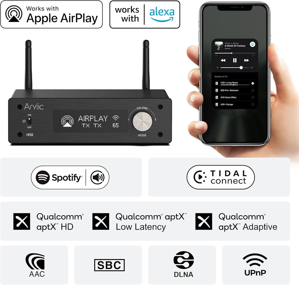 Arylic H50 Hi-Fi 50W*2 WiFi Audio Amplifier with Bluetooth aptX HD, HDMI ARC, AirPlay 2 and Spotify Streaming for Wireless Home Music. Support for transmitting and Receiving Music