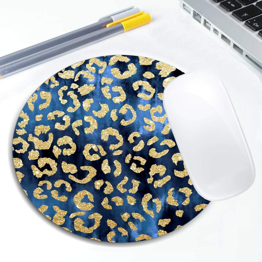 Leopard Gold Watercolor Navy Blue Mouse Pad Round Non-Slip Rubber Mousepad Laptop Office Computer Decor Cute Desk Accessories Customized Design Mouse Pad