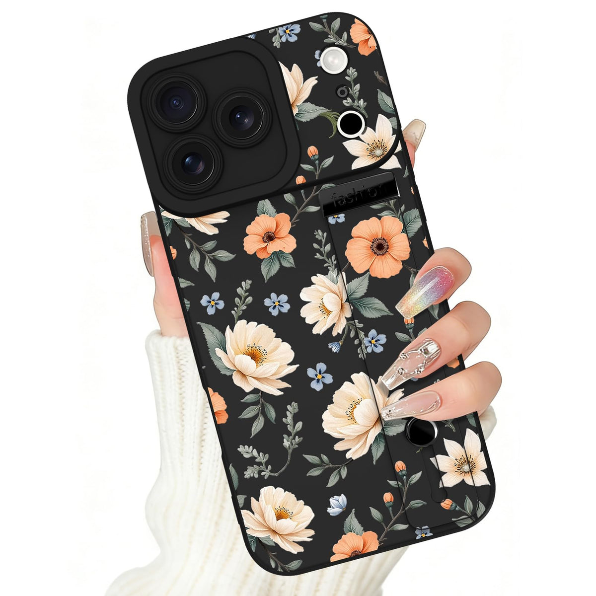 Ziye For Iphone 17 Pro Case With Adjustable Wrist Strap Kickstand, Lovely Floral Flower Design, Shockproof Protective Cover For