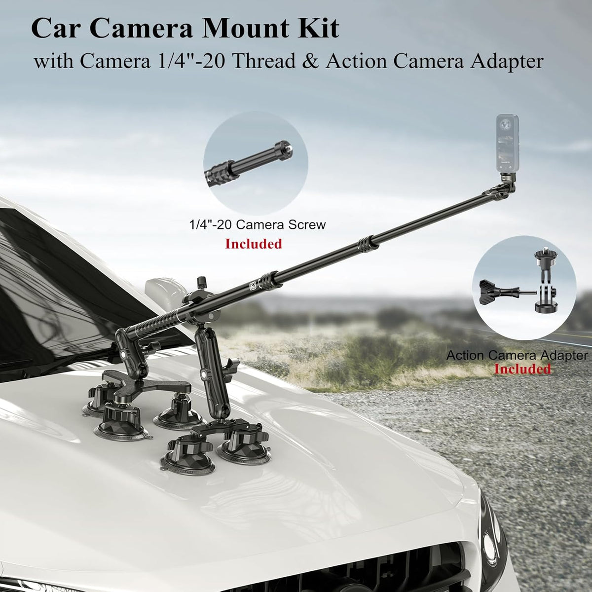 BRCOVAN Suction Cup Car Camera Mount Kit with Metal Extendable Selfie Stick, Dual Aluminum Alloy Arm, with Action Camera Adapter & 1/4"-20 Camera Thread, with Flagpole Accessories