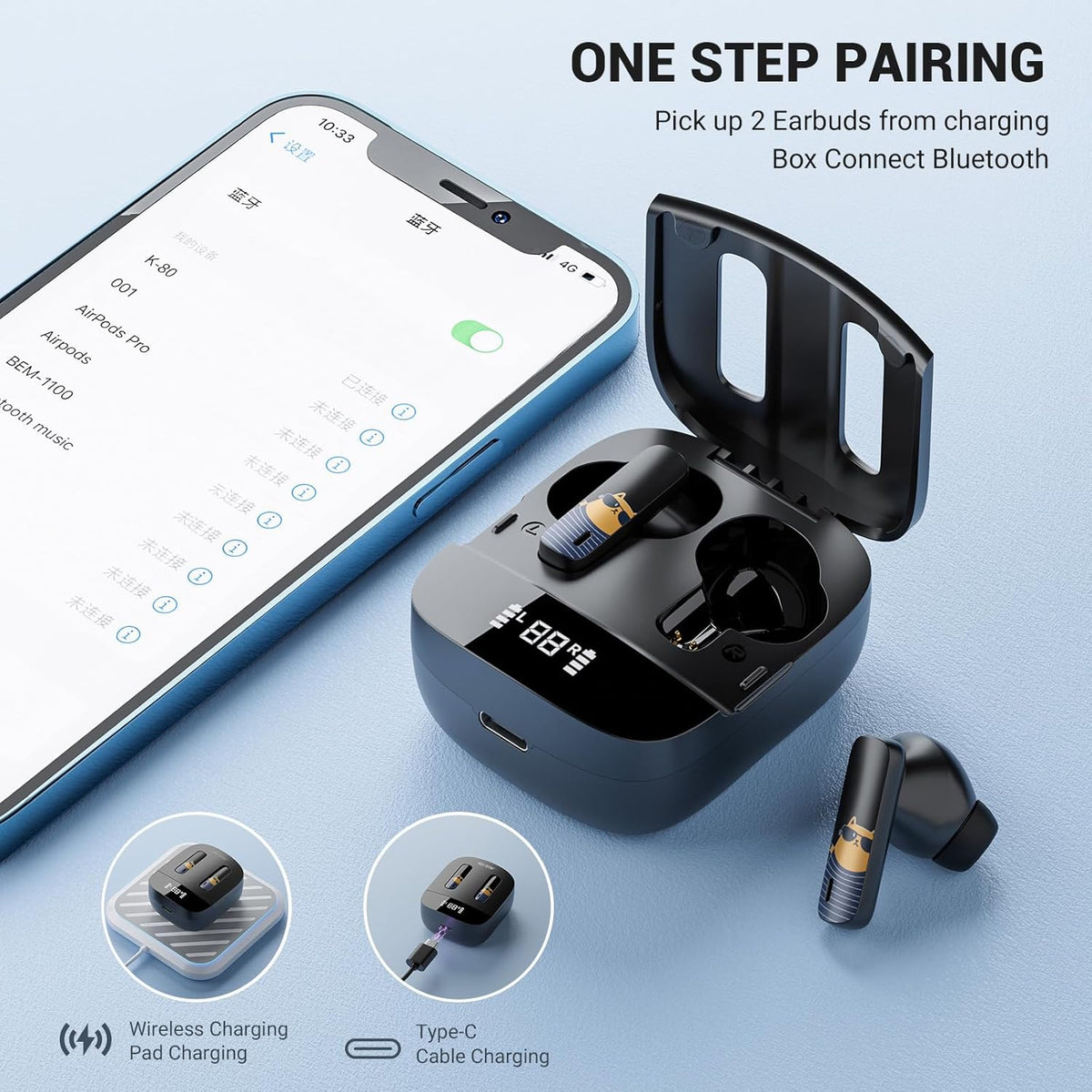 Wireless Earbuds Bluetooth 5.3 Headphones with Charging Case, Lightweight Earphones with Mic for Android/iOS Phones,