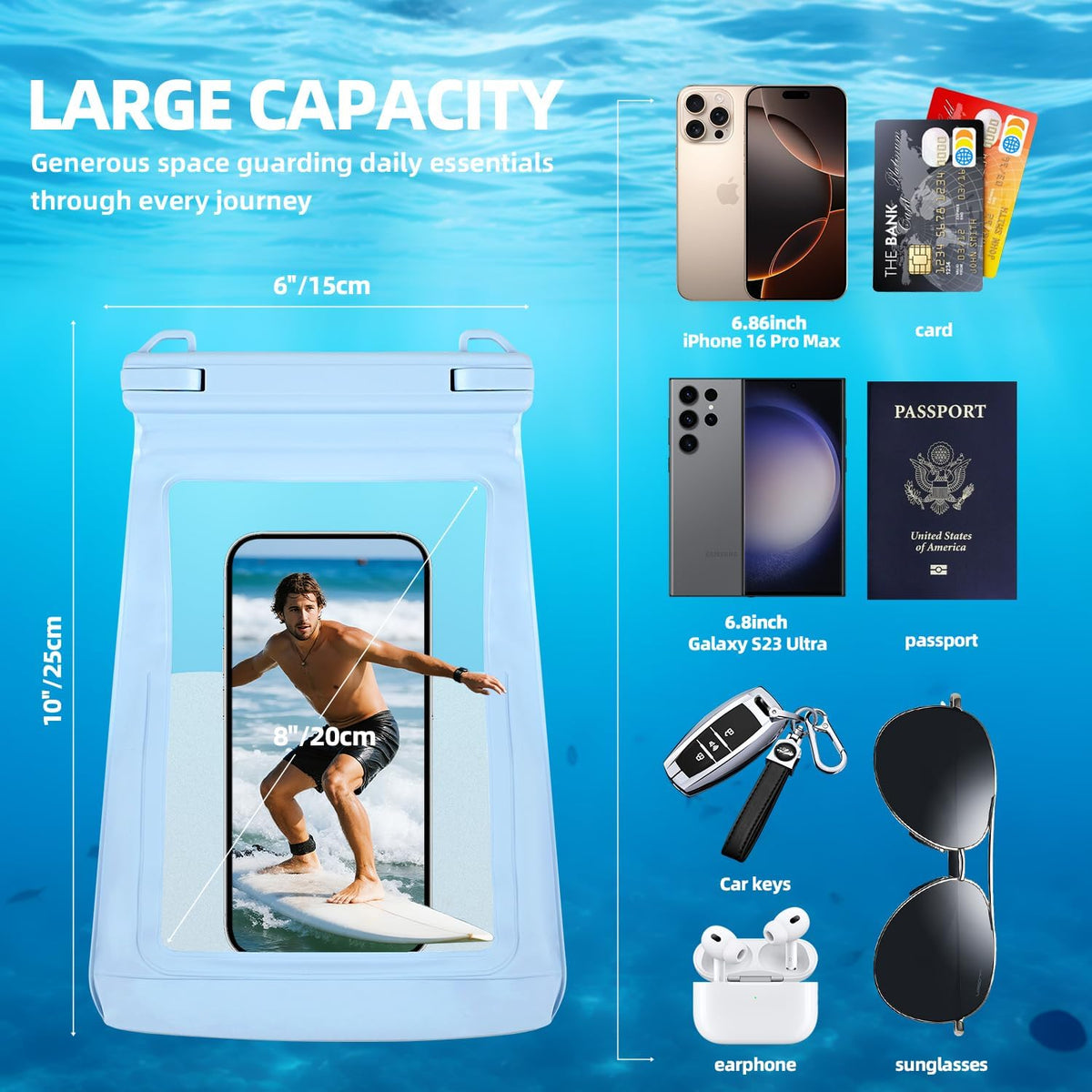 2L Floating Waterproof Phone Pouch for Up to 7.5", Large Space Adjustable Neck Lanyard Waterproof Bag. Dry Bag for Family Vacations, Beach, Pools, Kayaking, Cruises (Blue)