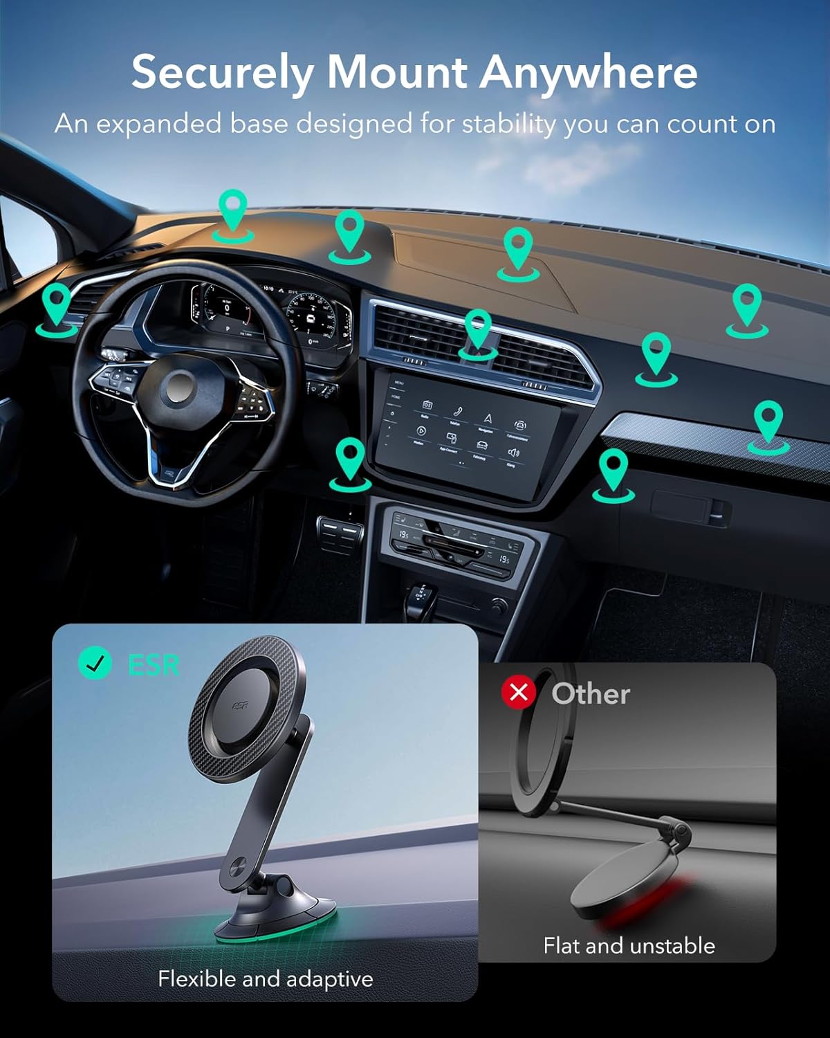 ESR for MagSafe Car Mount, Upgraded Dashboard Magnetic Phone Holder for Car, 360° Rotation, Car Phone Holder Mount for iPhone 16/16e/15/14/13/12,S25,Strong Magnets,Car Accessories(with 2 Metal Rings)