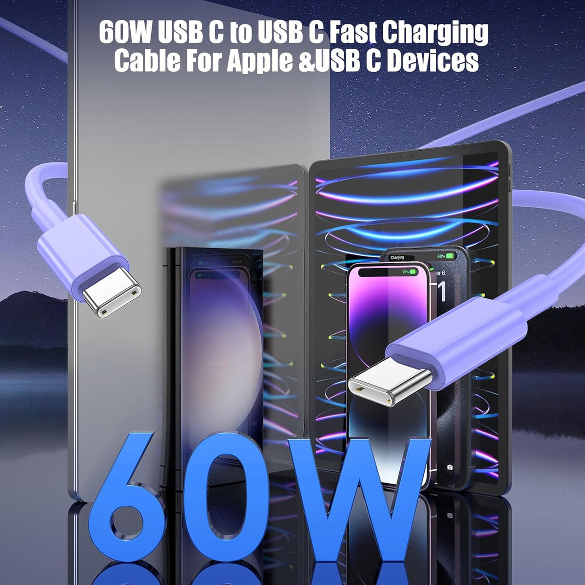 3-Pack Purple [3.3FT+6.6FT+10FT] 60W USB C to USB C Cable, Type C Fast Charging Cable for iPhone 16 15 Pro Plus Pro Max，for Galaxy S24 S23, for iPad Pro/Air, for MacBook Pro/Air and More