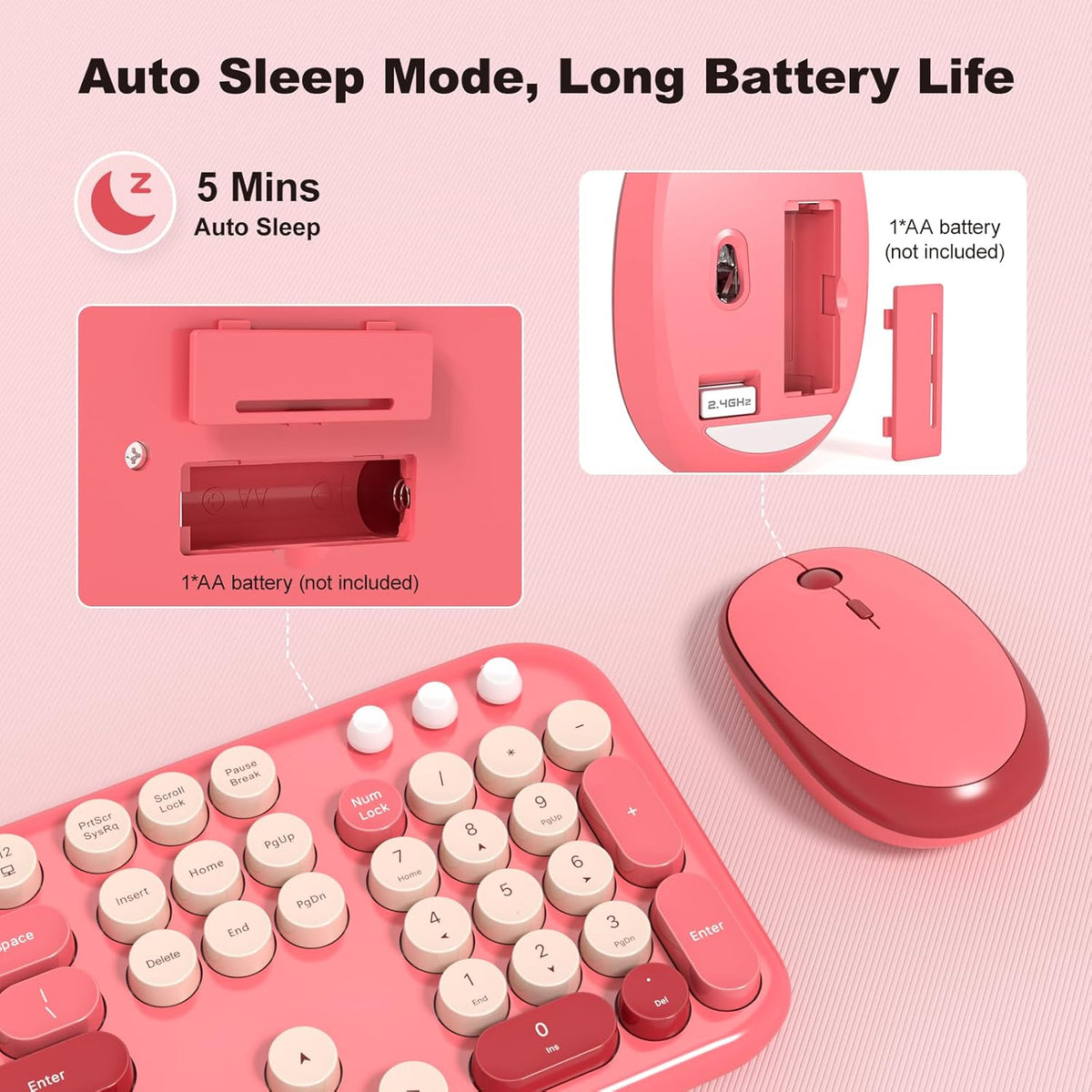 KNOWSQT Wireless Keyboard and Mouse Combo - Lovely Red Rainbow Full-Sized Typewriter Colorful Keyboards, Round Keycap USB Plug Play Retro Cute Keyboards for Windows, Laptop, PC, Desktop, Computer