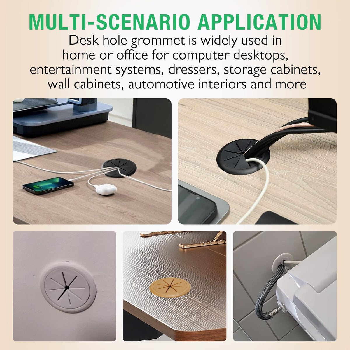 EASYEAH 2 Pcs Desk Grommet 2-3/8" / 60 mm, Desk Hole Cover for Cables Beige, Cable Grommet ABS Plastic, Desk Hole Grommet for Home & Office Pc, Detachable Cable Cord Organizer