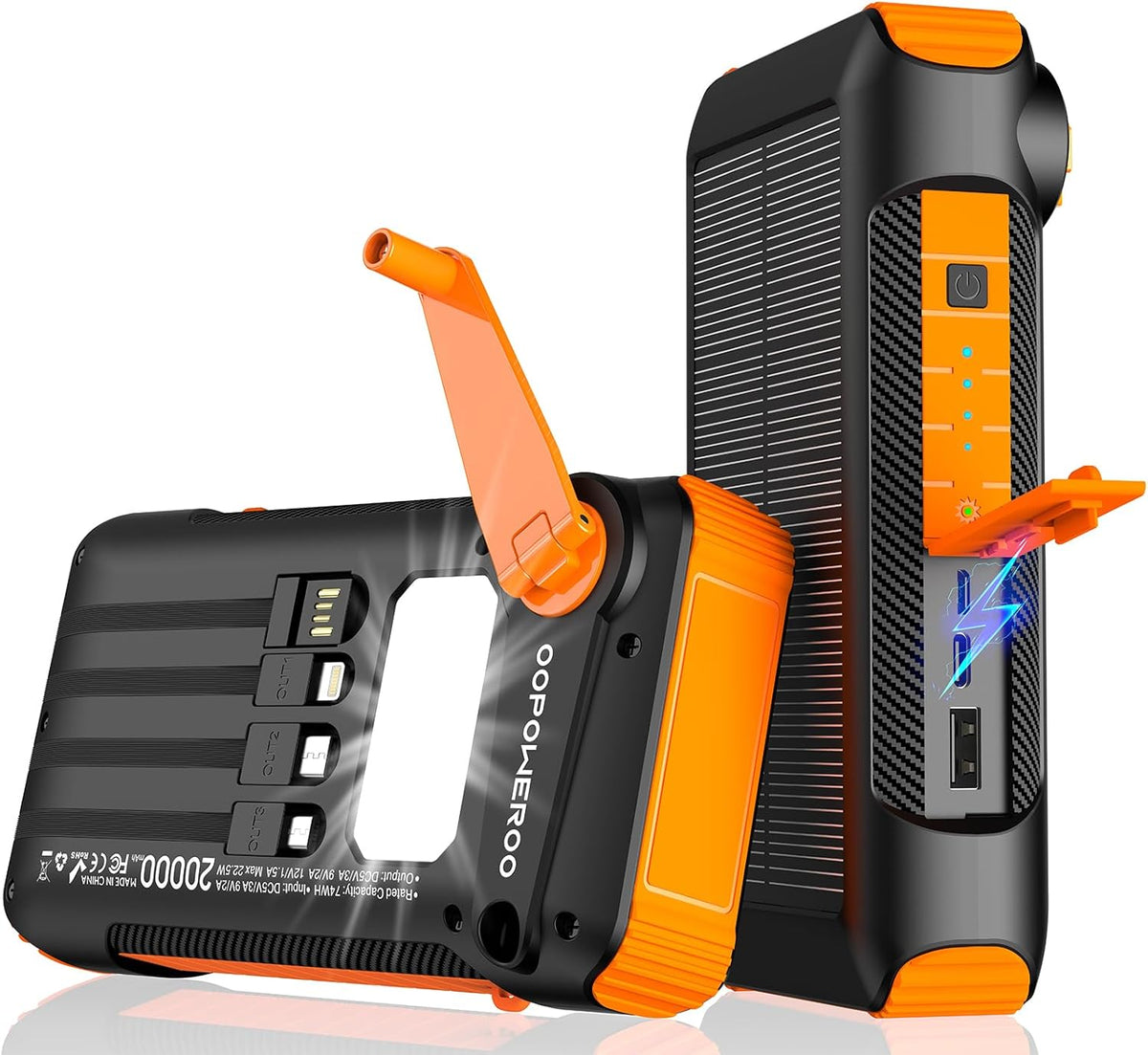 Solar Power Bank 20000mAh Built in Hand Crank and 4 Cables 22.5W Fast Charge Power Bank 5 Outputs & 5 Inputs Solar Portable Charger, SOS/Strobe/Strong Flashlights, Carabiner (Orange)
