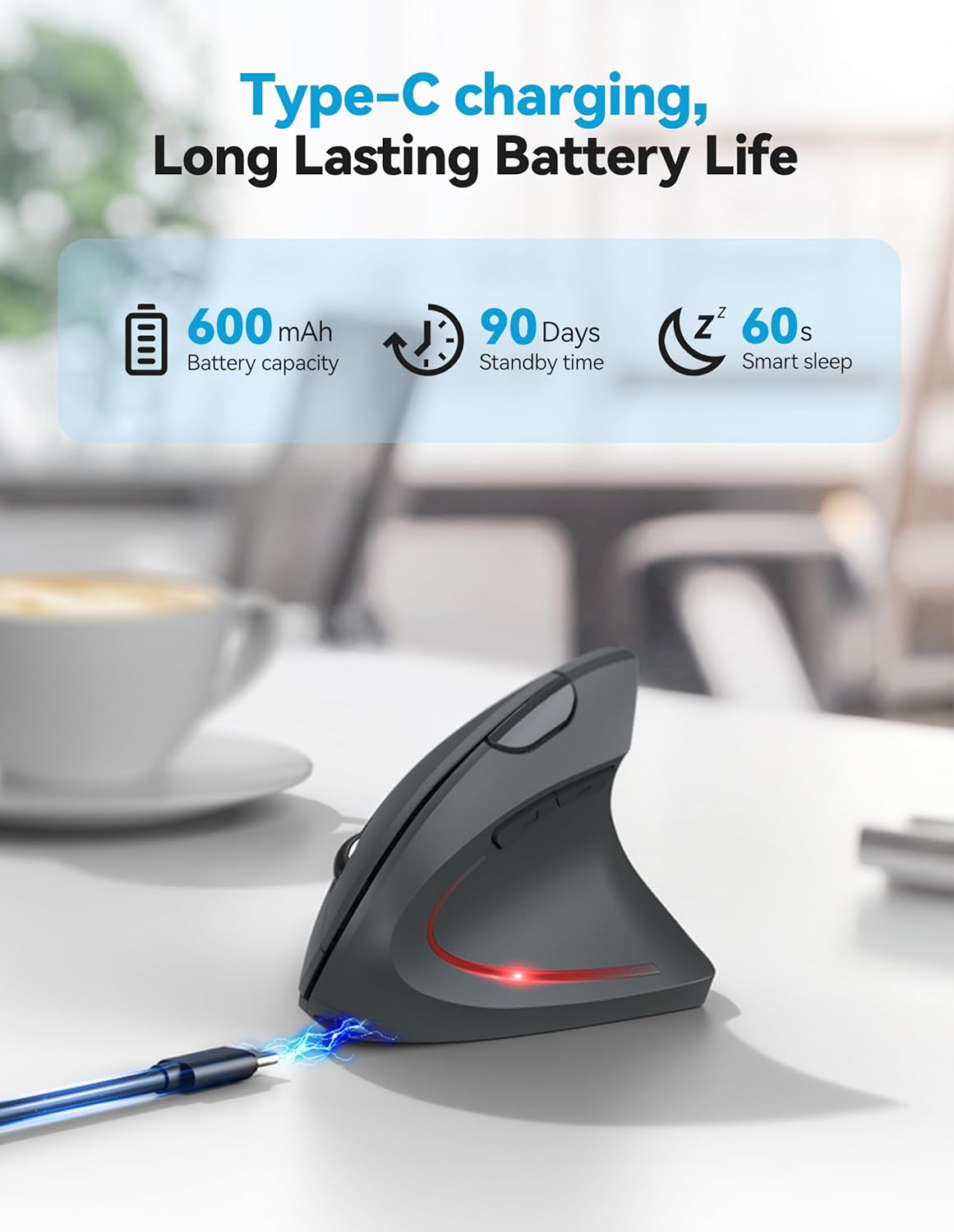 TECKNET Ergonomic Mouse, Rechargeable 2.4G+Bluetooth Vertical Mice 6 DPI Adjustable, Wireless Optical Carpal Tunnel Mouse for Right Hand, Silent 6 Buttons for Laptop, PC, MacBook, iPad - Grey