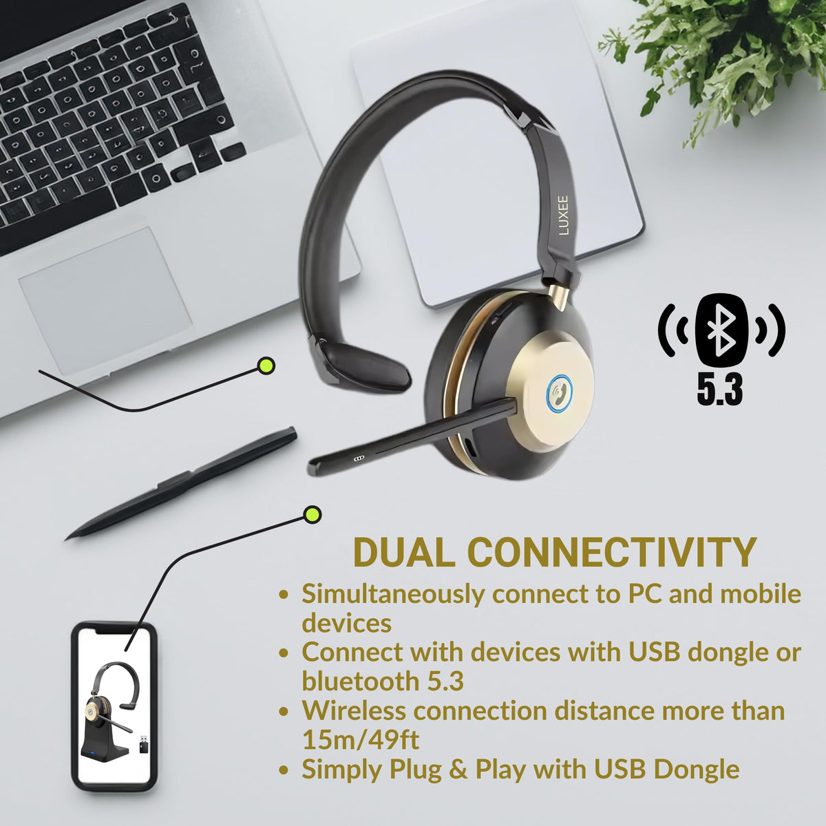 LUXEE Bluetooth Headset, Wireless Headphones with Microphone for Work, Noise Cancelling Clear Call for Meeting for Windows, Perfect for Call