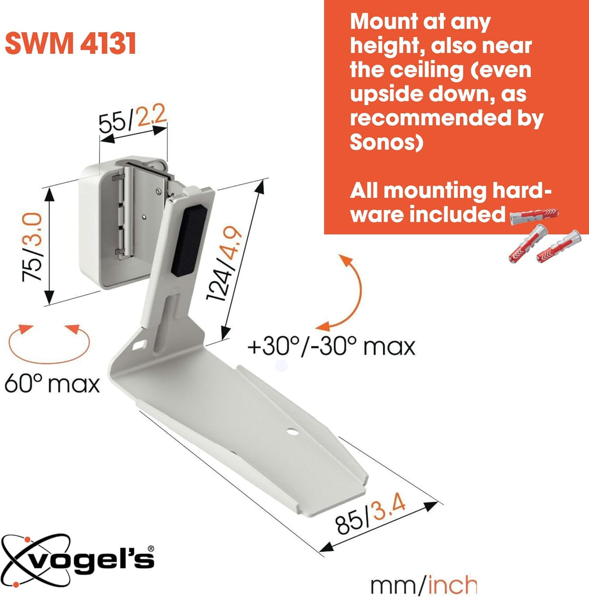 Vogel's SWM 4131 Speaker Wall Bracket for Sonos ERA 300, Max. 11 lbs (5 kg), Tiltable -30º/+30º, Swivels up to 60º (Left/Right), White, 1 Bracket