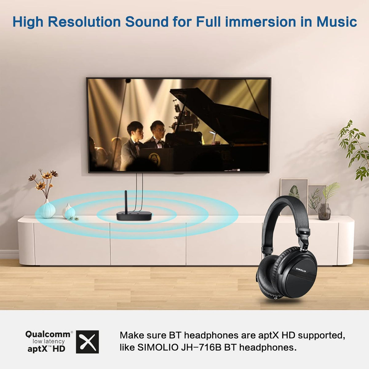 SIMOLIO 201D [2024] Bluetooth 5.2 Audio Transmitter for TV to 2 Wireless Headphones, Long Range