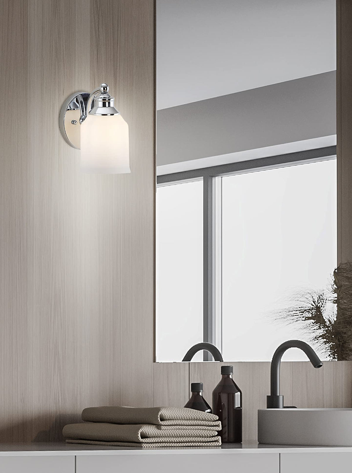 JONATHAN Y 7.5" Chrome Modern Farmhouse LED Vanity Light Wall Sconce Fixture, Frosted White Glass Shade, Dimmable Wall Lamp for Bathroom Mirror
