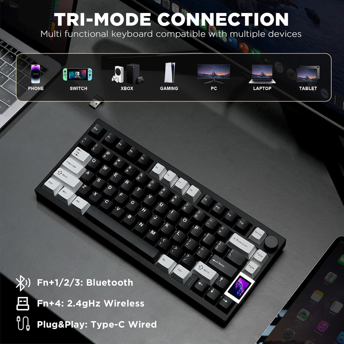 YUNZII AL80 Wireless Mechanical Keyboard,Full Aluminum CNC, Smart LCD Display,Hot Swappable Gasket Mount 75% Layout with Knob,BT/2.4G/USB-C,QMK/VIA Support for Win/Mac (Black, Cocoa Cream V2 Switch)