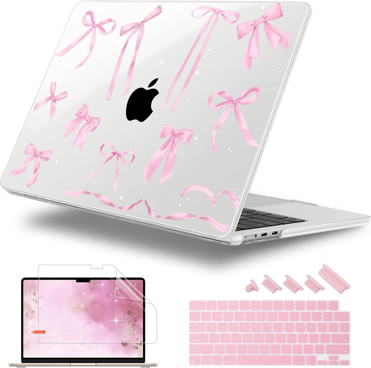 Case for MacBook Air 15 Inch 2025 2024 2023 Release M4 A3241 M3 A3114 M2 A2941, Hard Shell with Screen Protector & Keyboard Cover, Compatible with Touch ID, Bowknot