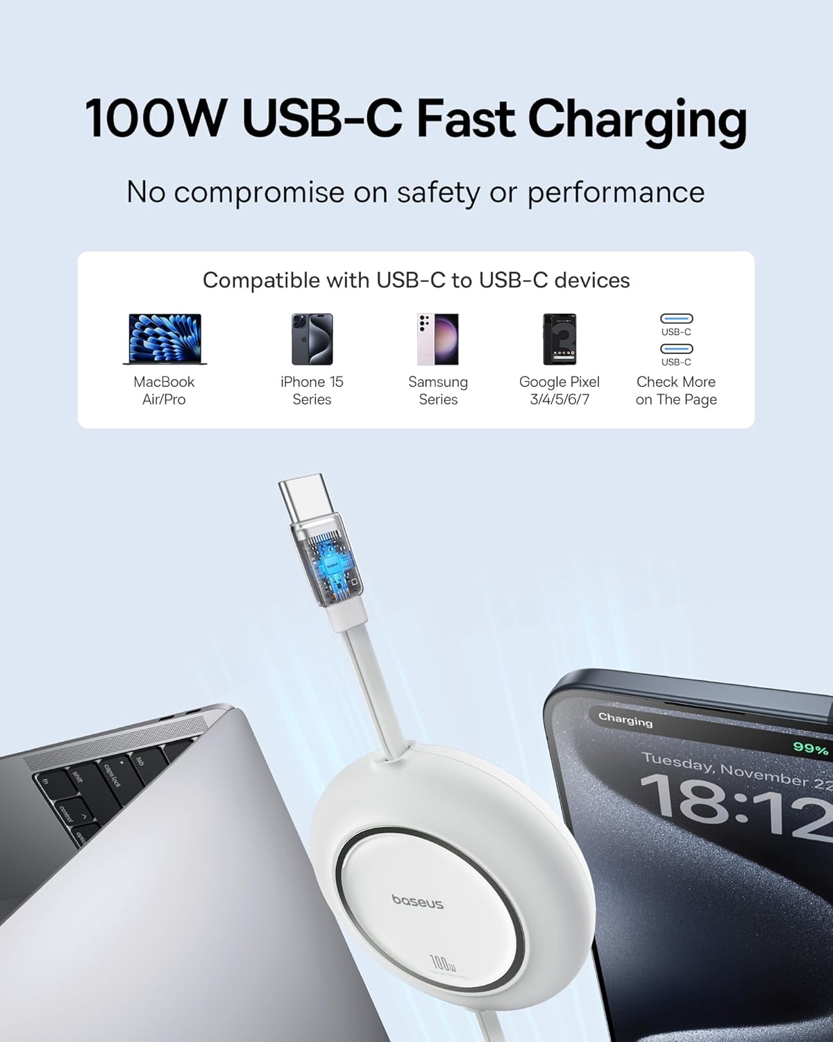 Baseus USB C to USB C Cable, 100W 6.6ft Retractable USB C Fast Charging Cable, 7-Stage Length Preset Retractable Charger Cord for iPhone 16 15 Pro Plus Pro Max, MacBook, iPad Pro, Samsung S24/S23+