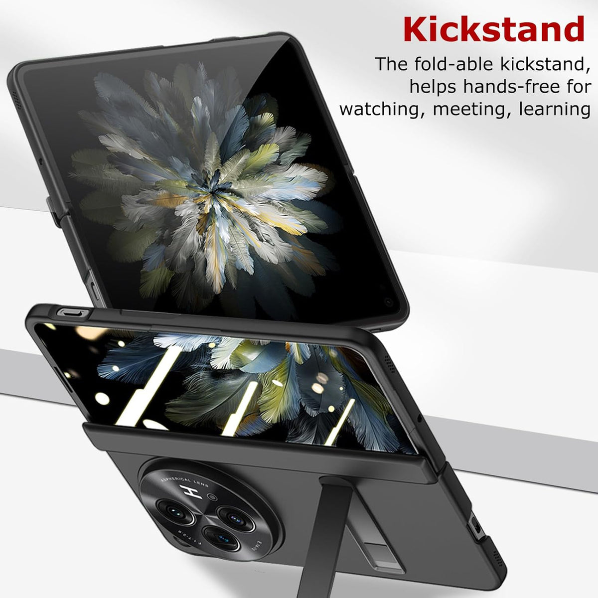 OnePlus Open Case - Slim Hard PC with Hinge Protection, Built-in Screen & Camera Protectors, Kickstand, Black.