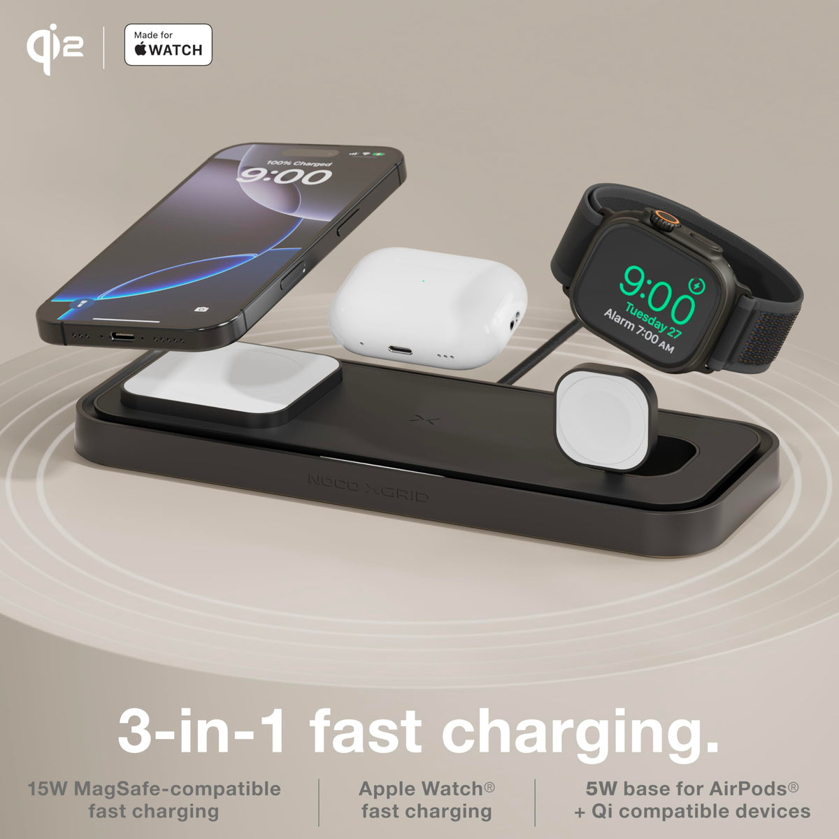 NOCO XGrid XDP3: 3-in-1 Wireless Charging Pad - Charging Station for iPhone, Apple Watch, and AirPods - MagSafe Compatible, Qi2 Certified - Includes