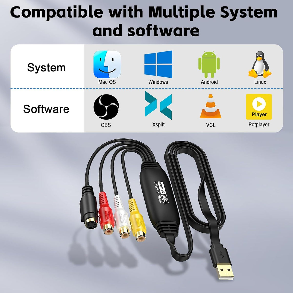 Herfair Hi8 VHS to Digital Converter, USB Video Capture Card Device, RCA to USB A Converter, Convert VHS VCR DV Tape