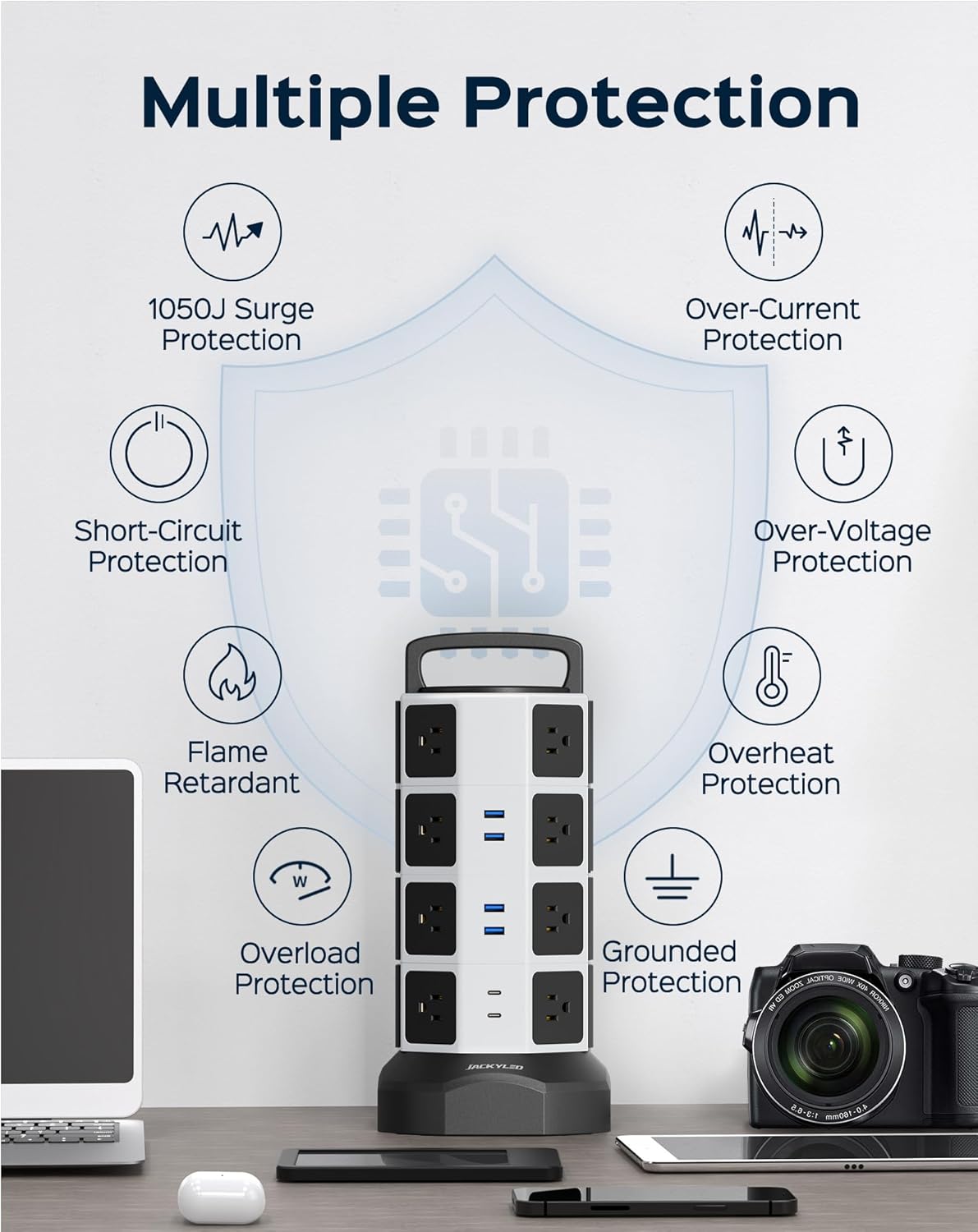 Power Strip Tower Surge Protector - JACKYLED 16 AC Outlets(13A) 6 USB Ports Electric Charging Station, 1050J Surge Electric Tower, 1625W Outlet Extender, 6.5ft Heavy Duty Extension Cord for Home