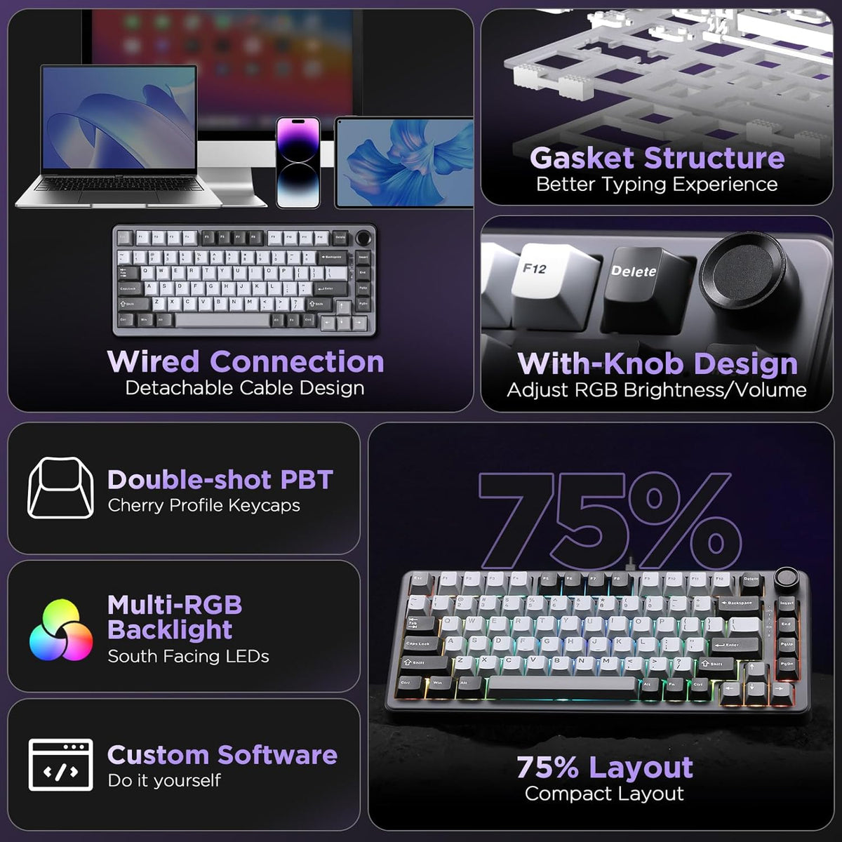 YUNZII B75 Mechanical Keyboard,75% Layout with Knob,Hot Swappable RGB Backlit Gasket Mounted, Creamy Typing, Double-Shot PBT Keycaps,Cherry Profile,for Win/Mac (Dark Grey, Cocoa Cream V2 Switch)