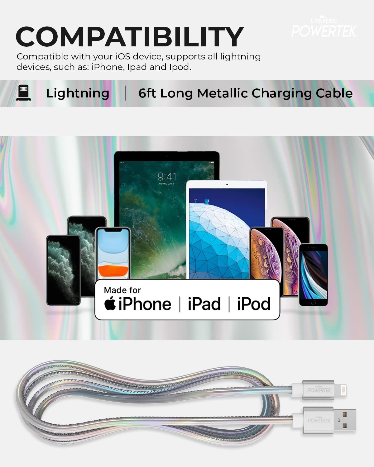 LIQUIPEL Powertek iPhone Charger Cable [MFI Certified], Fast Charging 6ft Lightning to USB Cord Adapter (Silver)