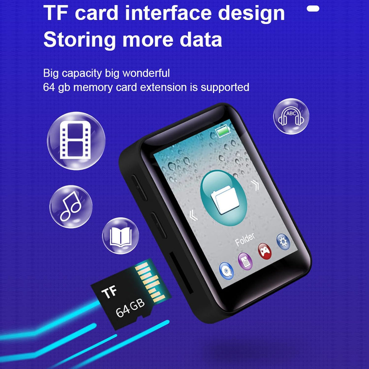 MP3 Player Bluetooth 5.0, Mini Portable Music Player with FM Radio, Video, Recorder, Ebook Reader, 64GB Support