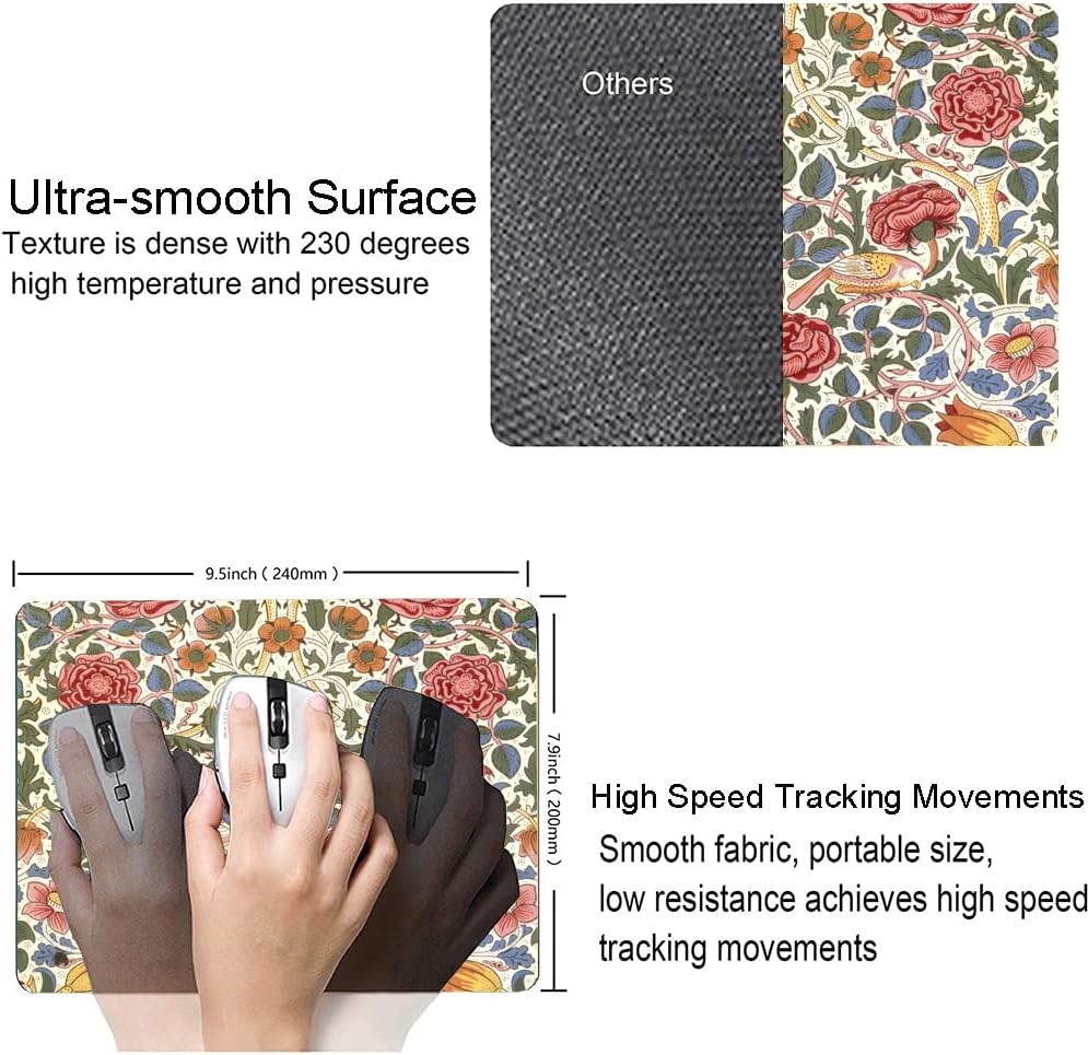 Mouse Pad, Floral Mouse Pad, Square Mouse Mat Waterproof Mousepad Non-Slip Rubber Base Mouse Pads for Office Laptop, William Morris Flowers