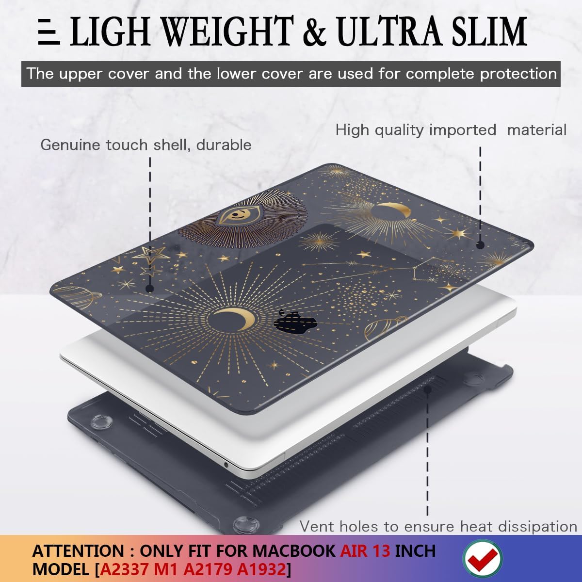 CISSOOK Compatible with 2021 2020 MacBook Air 13 inch Case M1 A2337 A2179 A1932 Model, Hard Shell Case &Keyboard Cover &Screen Protector Film for MacBook Air 13 with Touch ID 2018-2022, Moon Star