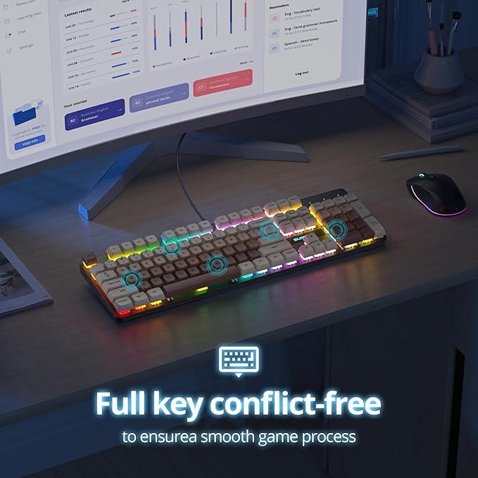 surmen Brown Wired Mechanical Keyboard Full-Size 104-Key RGB Thocky Keyboard with Number Pad USB Retro PBT Keycaps for Win Gaming/Office (104 Coffee)