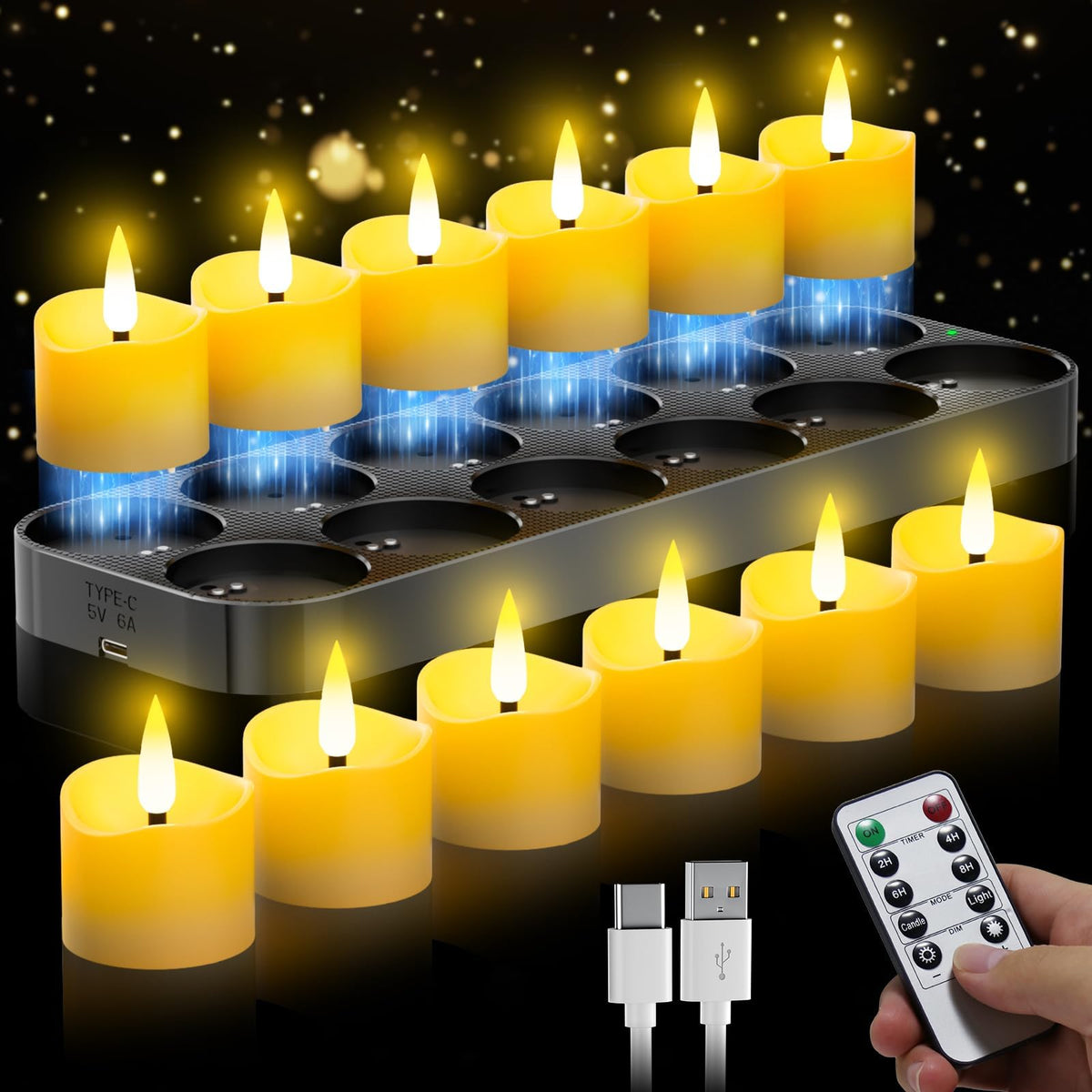 Yiamia 12 Pack Upgraded Rechargeable Tea Lights With Magnetic Wireless Charging Base, Flameless Led Candles With Remote And Time